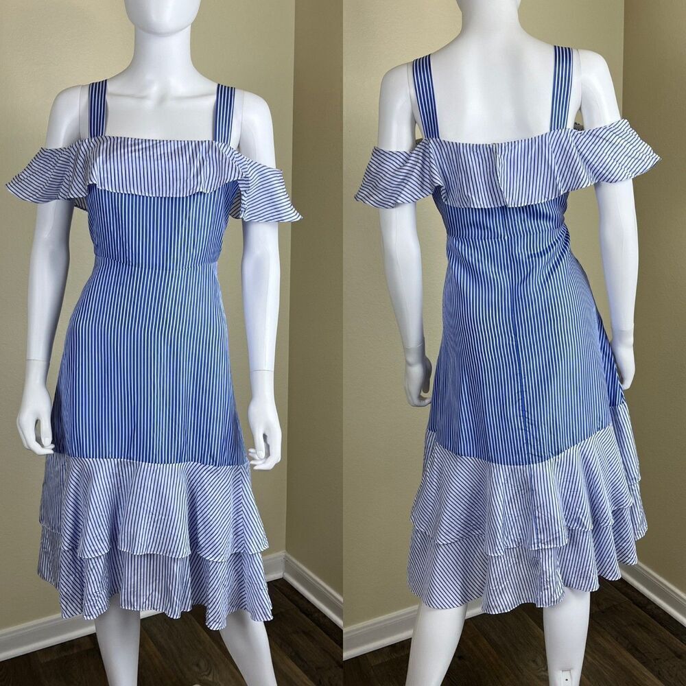 J.Crew Women's Size 6 Blue Striped Silk Midi Ruffle Tiered Dress Preppy Nautical